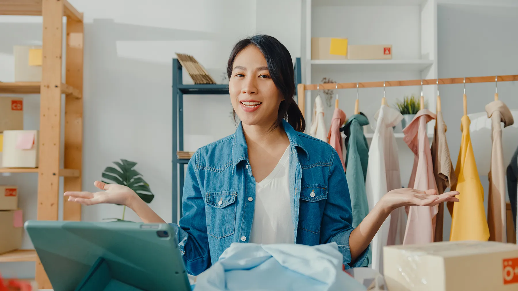 young asian lady fashion designer using mobile phone receiving purchase order show clothes live streaming