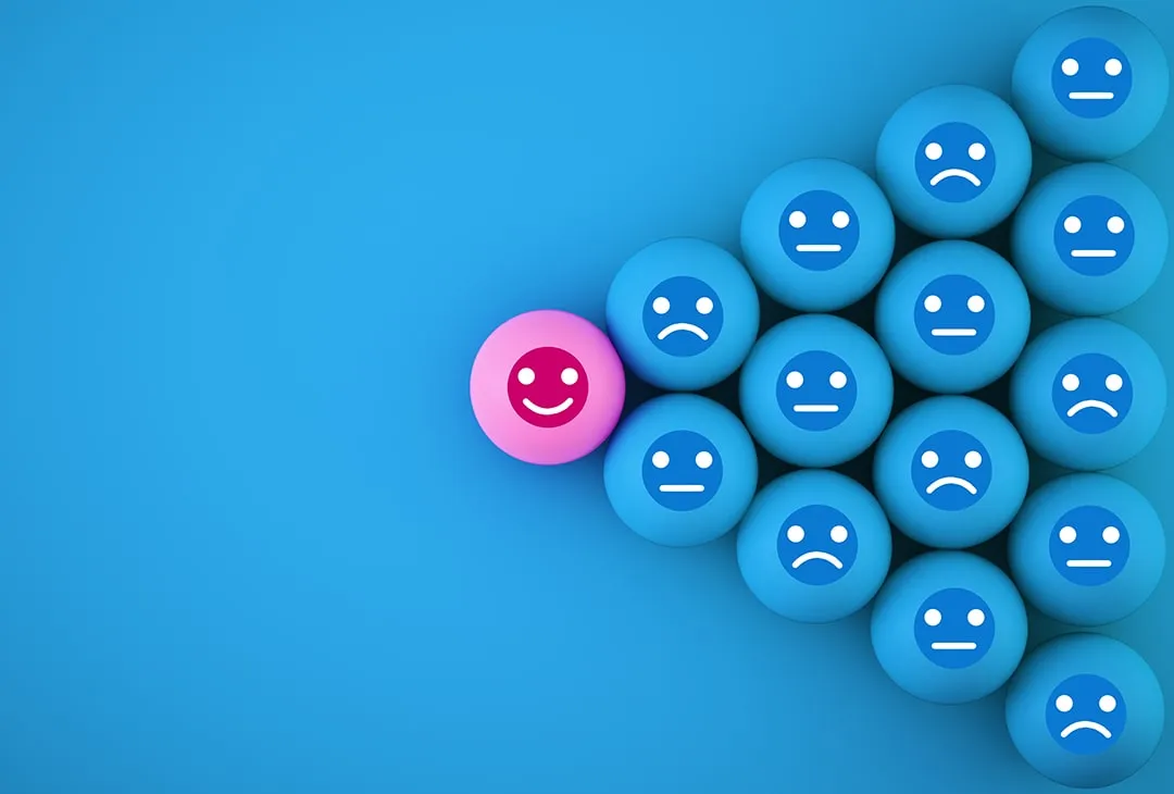 abstract face emotion happiness sadness unique think different individual standing out from crowd spherical with icon blue background